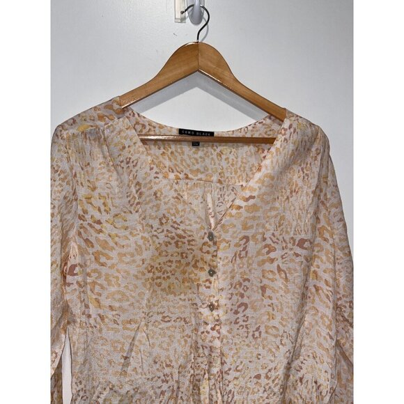 Como Black Cream Animal Print Button-Up V Neck Long Sleeve Women's Blouse Size - Picture 2 of 8